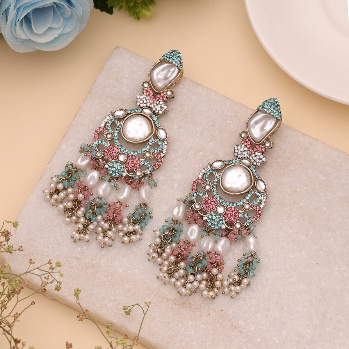 Playful Rainbow Multi Color Turkish Kundan Statement Earrings For Cultural Celebrations