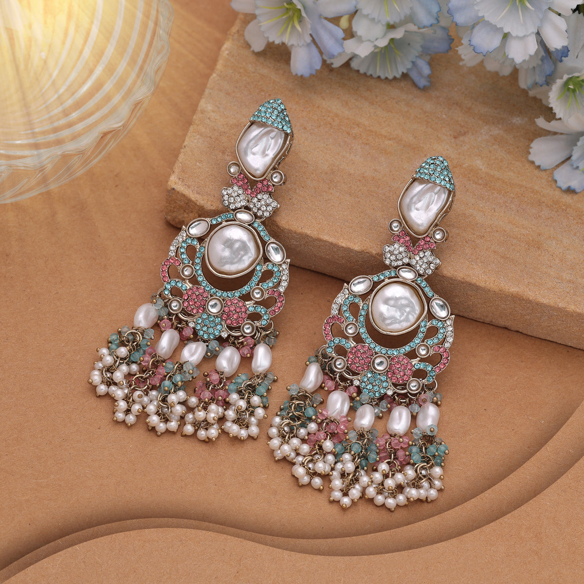 Playful Rainbow Multi Color Turkish Kundan Statement Earrings For Cultural Celebrations