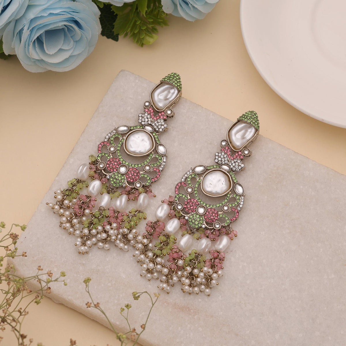 Charming Pink & Green Color Turkish Kundan Floral Earrings For Lehengas