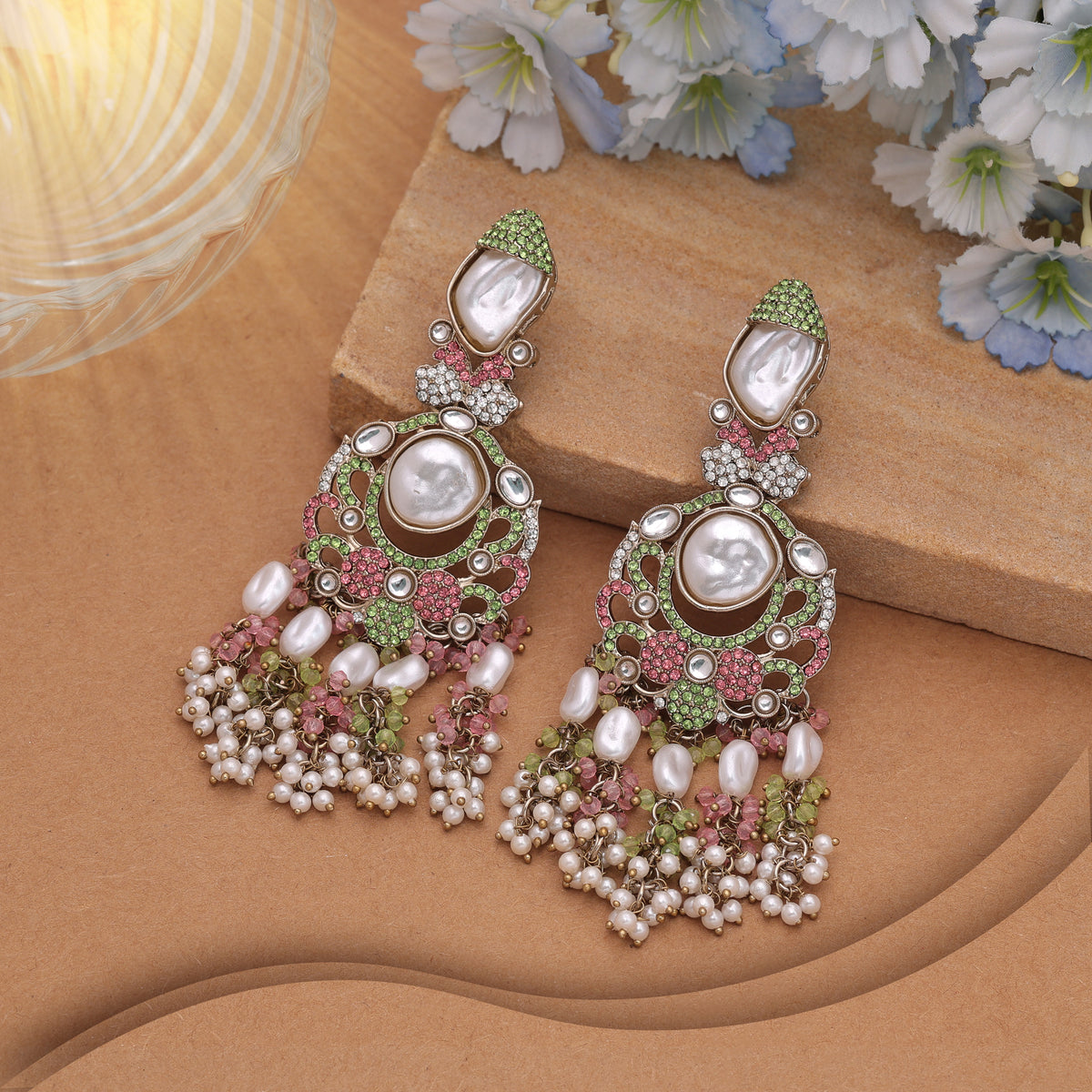 Charming Pink & Green Color Turkish Kundan Floral Earrings For Lehengas