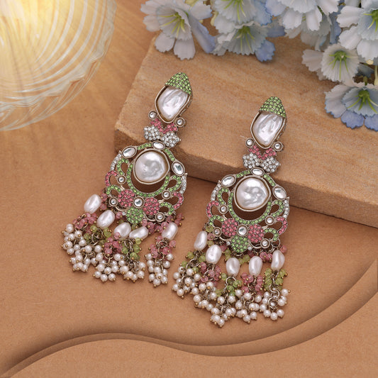 Charming Pink & Green Color Turkish Kundan Floral Earrings For Lehengas