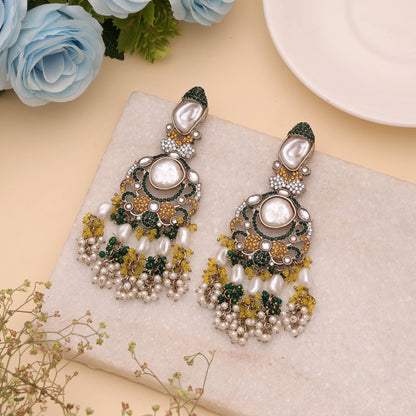 Bright Yellow & Green Color Turkish Kundan Drop Earrings For Haldi