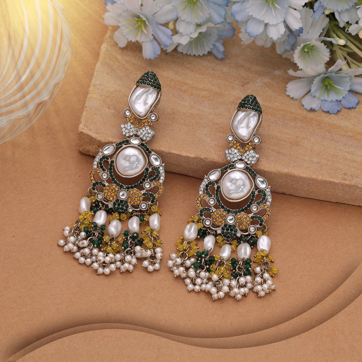 Bright Yellow & Green Color Turkish Kundan Drop Earrings For Haldi