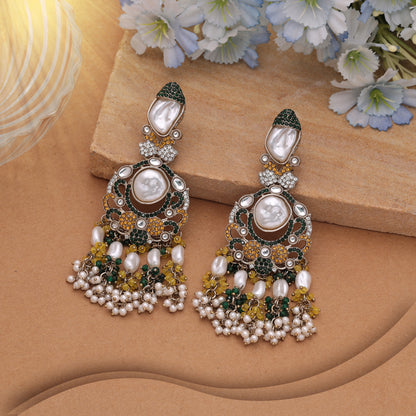 Bright Yellow & Green Color Turkish Kundan Drop Earrings For Haldi