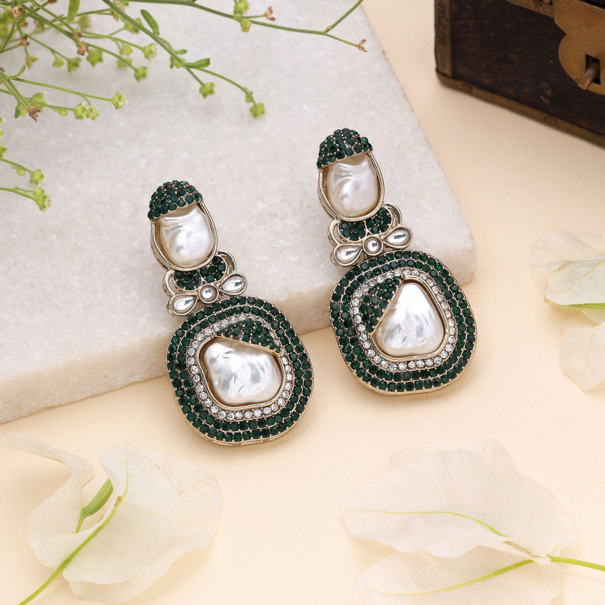 Green Color Turkish Kundan Earrings With Stylish Bridal Jewellery Design For Women