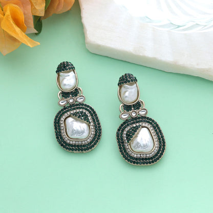 Green Color Turkish Kundan Earrings With Stylish Bridal Jewellery Design For Women
