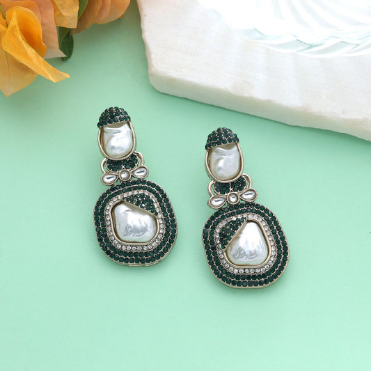 Exquisite Forest Green Color Turkish Kundan Chandbali Earrings For Traditional Events