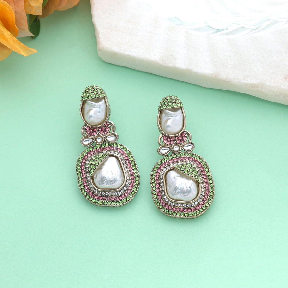 Light Pink & Light Green Color Turkish Kundan Earrings With Elegant Design For Women
