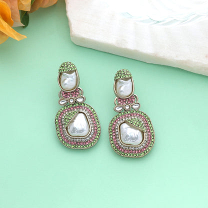Light Pink & Light Green Color Turkish Kundan Earrings With Elegant Design For Women