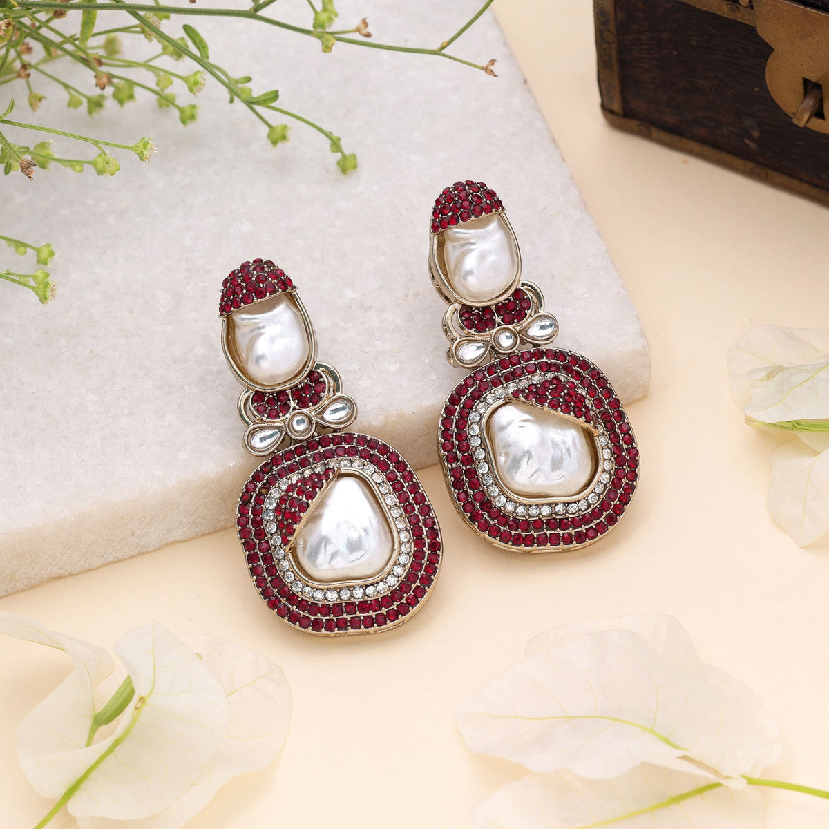 Maroon Color Turkish Kundan Earrings With Stylish Bridal Jewellery Design For Women