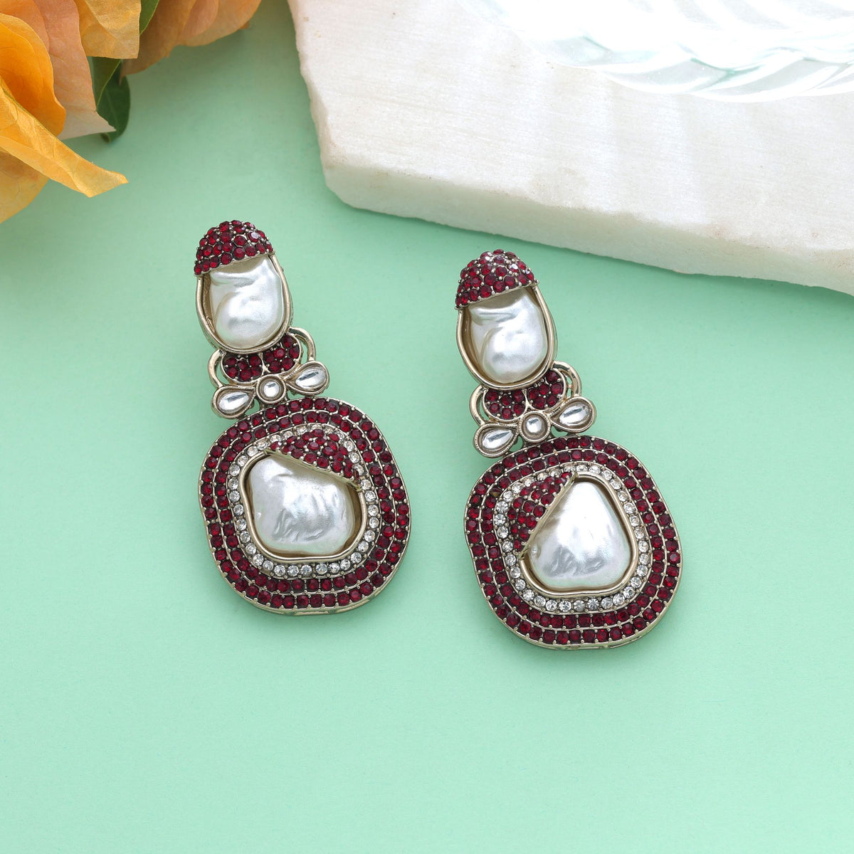 Maroon Color Turkish Kundan Earrings With Stylish Bridal Jewellery Design For Women