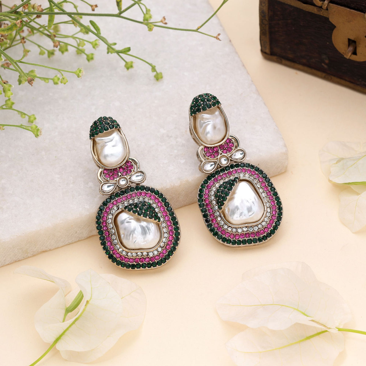 Pink & Green Color Turkish Kundan Earrings With Stylish Bridal Jewellery Design For Women