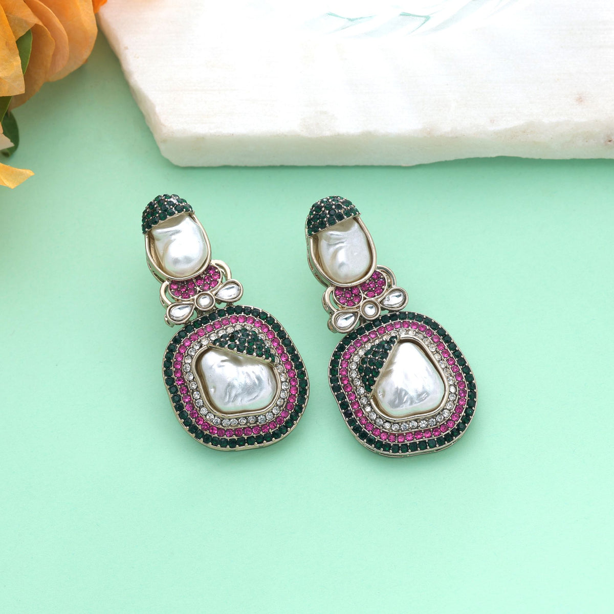 Pink & Green Color Turkish Kundan Earrings With Stylish Bridal Jewellery Design For Women