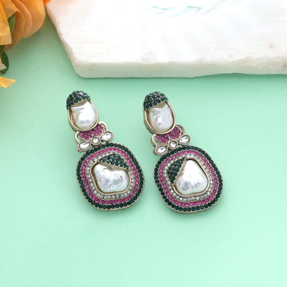 Pink & Green Color Turkish Kundan Earrings With Stylish Bridal Jewellery Design For Women