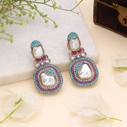 Pink & Rama Green Color Turkish Kundan Earrings With Elegant Traditional Design For Women