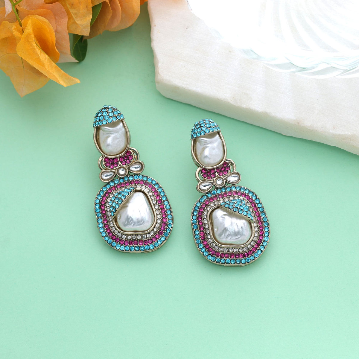Pink & Rama Green Color Turkish Kundan Earrings With Elegant Traditional Design For Women