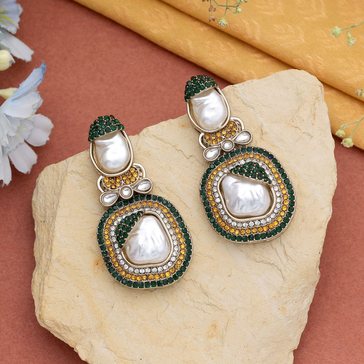 Yellow & Green Color Turkish Kundan Earrings With Elegant Bridal Design For Women