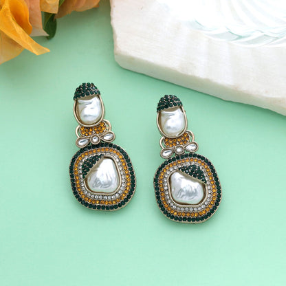 Yellow & Green Color Turkish Kundan Earrings With Elegant Bridal Design For Women