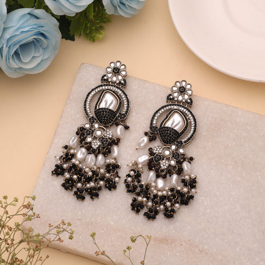 Chic Jet Black Color Turkish Kundan Drop Earrings For Evening Outfits