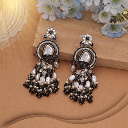 Chic Jet Black Color Turkish Kundan Drop Earrings For Evening Outfits