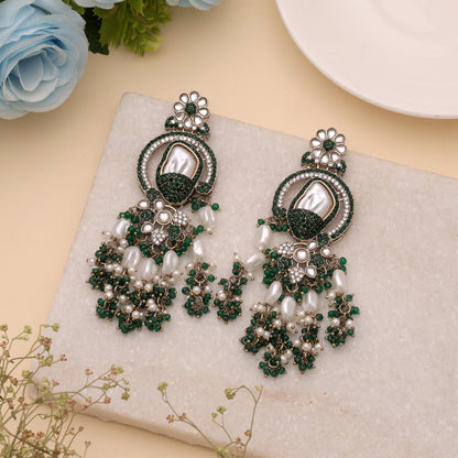 Radiant Dark Green Color Turkish Kundan Jhumka Earrings For Women Wear