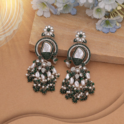 Radiant Dark Green Color Turkish Kundan Jhumka Earrings For Women Wear