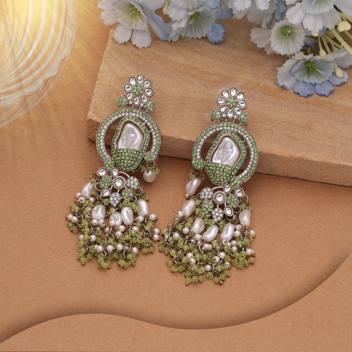 Refreshing Mint Light Green Color Turkish Kundan Jhumka Earrings For Celebrations