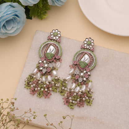 Subtle Soft Light Pink & Light Green Color Turkish Kundan Earrings
