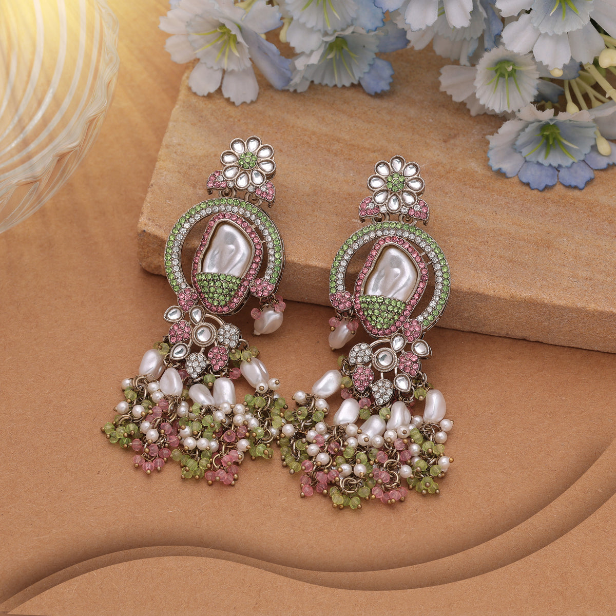 Subtle Soft Light Pink & Light Green Color Turkish Kundan Earrings