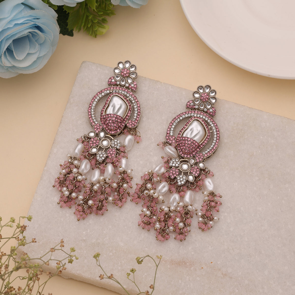 Dainty Baby Light Pink Color Turkish Kundan Earrings For Minimalist Look