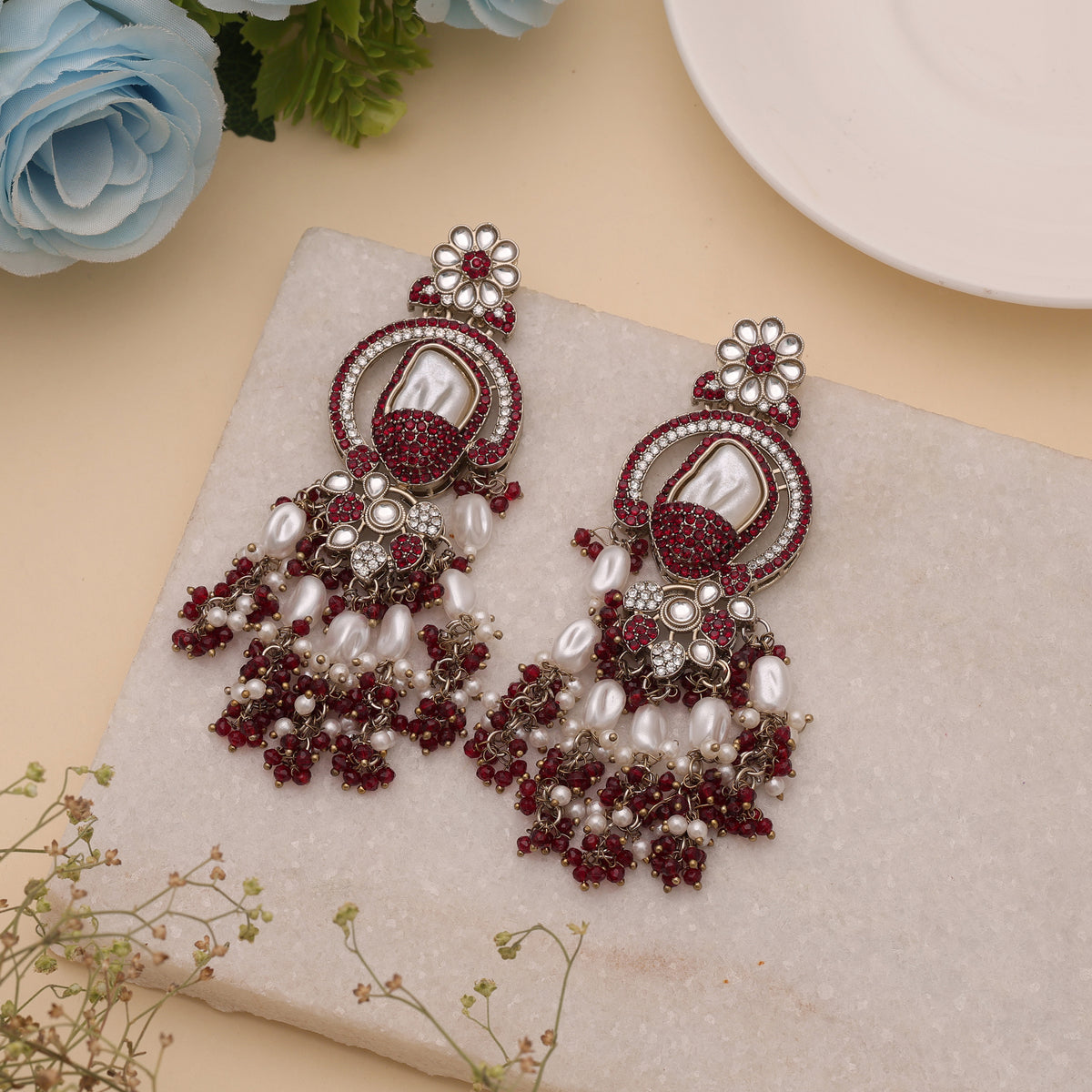 Deep Crimson Maroon Color Turkish Kundan Statement Earrings For Ethnic Suits