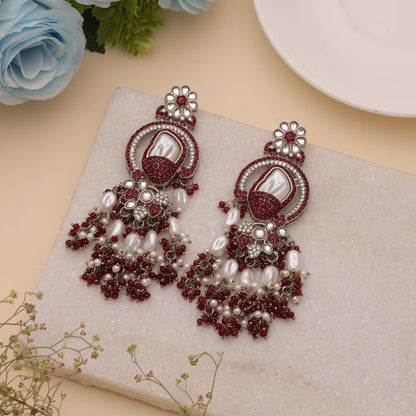 Deep Crimson Maroon Color Turkish Kundan Statement Earrings For Ethnic Suits