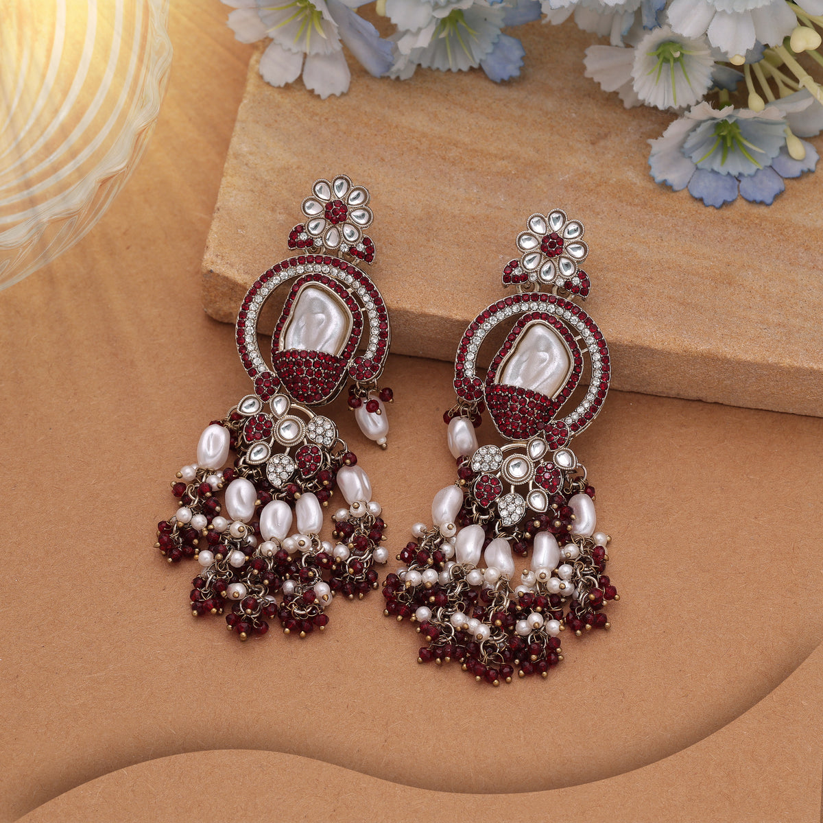 Deep Crimson Maroon Color Turkish Kundan Statement Earrings For Ethnic Suits