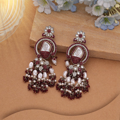 Deep Crimson Maroon Color Turkish Kundan Statement Earrings For Ethnic Suits