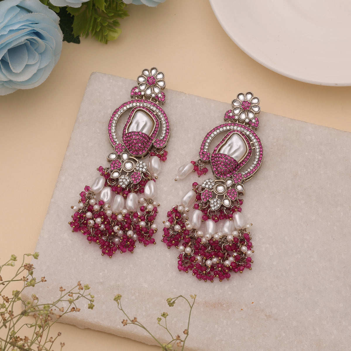 Sweet Magenta Pink Color Turkish Kundan Drop Earrings For Special Occasions