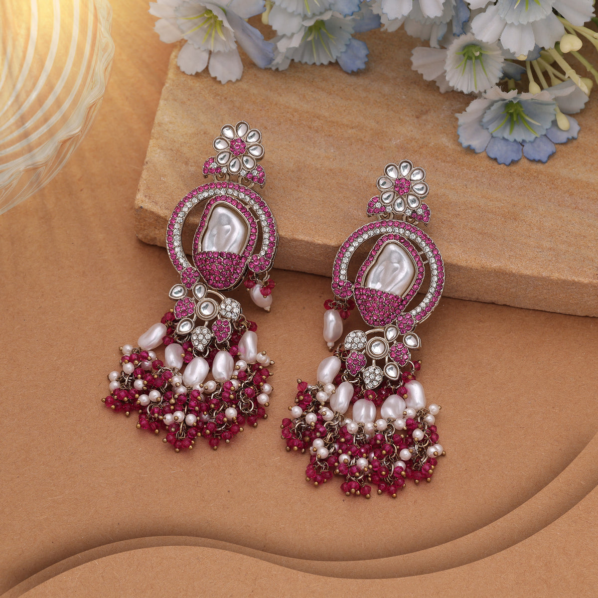 Sweet Magenta Pink Color Turkish Kundan Drop Earrings For Special Occasions