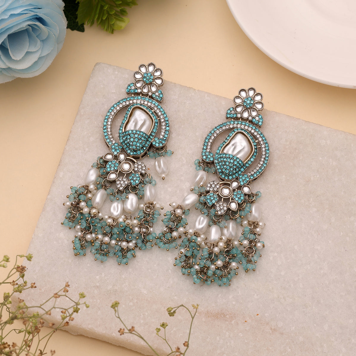 Striking Royal Rama Green Color Turkish Kundan Statement Earrings For Parties