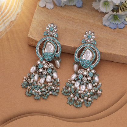 Striking Royal Rama Green Color Turkish Kundan Statement Earrings For Parties