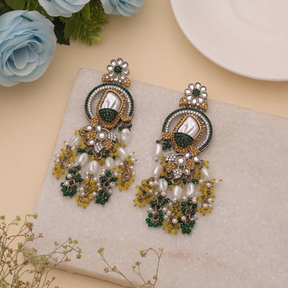 Sunshine Yellow & Green Color Turkish Kundan Dangle Earrings For Ceremonies