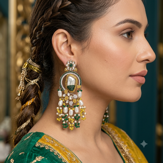 Sunshine Yellow & Green Color Turkish Kundan Dangle Earrings For Ceremonies