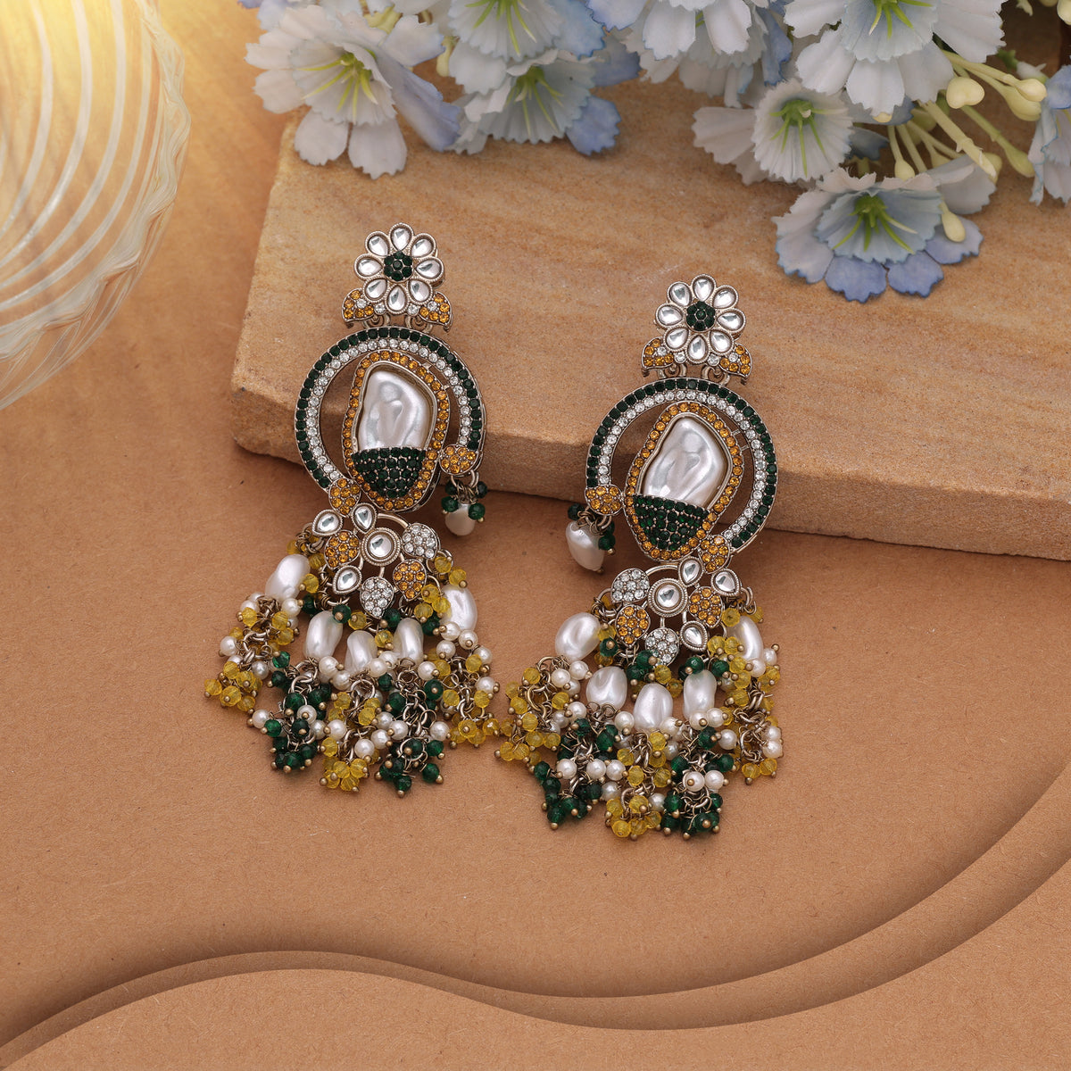 Sunshine Yellow & Green Color Turkish Kundan Dangle Earrings For Ceremonies
