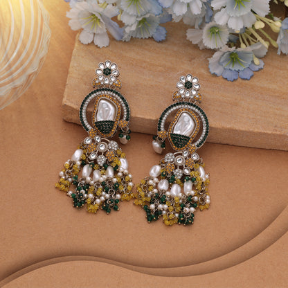 Sunshine Yellow & Green Color Turkish Kundan Dangle Earrings For Ceremonies