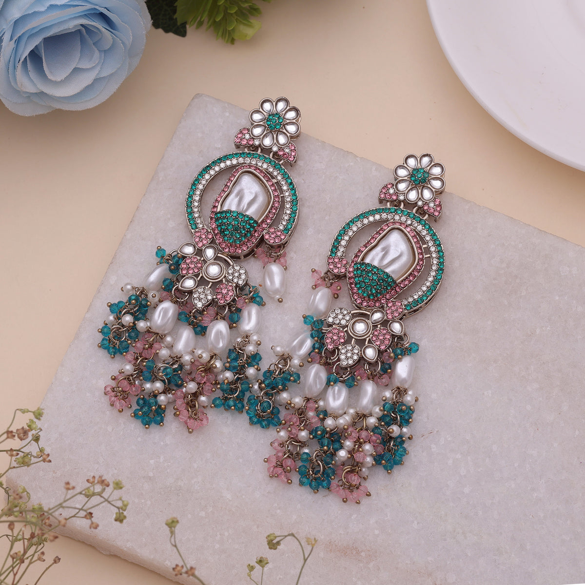 Festive Folk Multi Color Turkish Kundan Drop Earrings For Ethnic Functions
