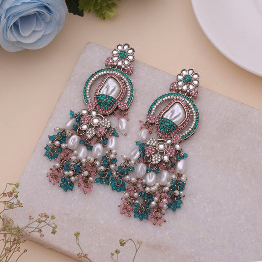 Festive Folk Multi Color Turkish Kundan Drop Earrings For Ethnic Functions