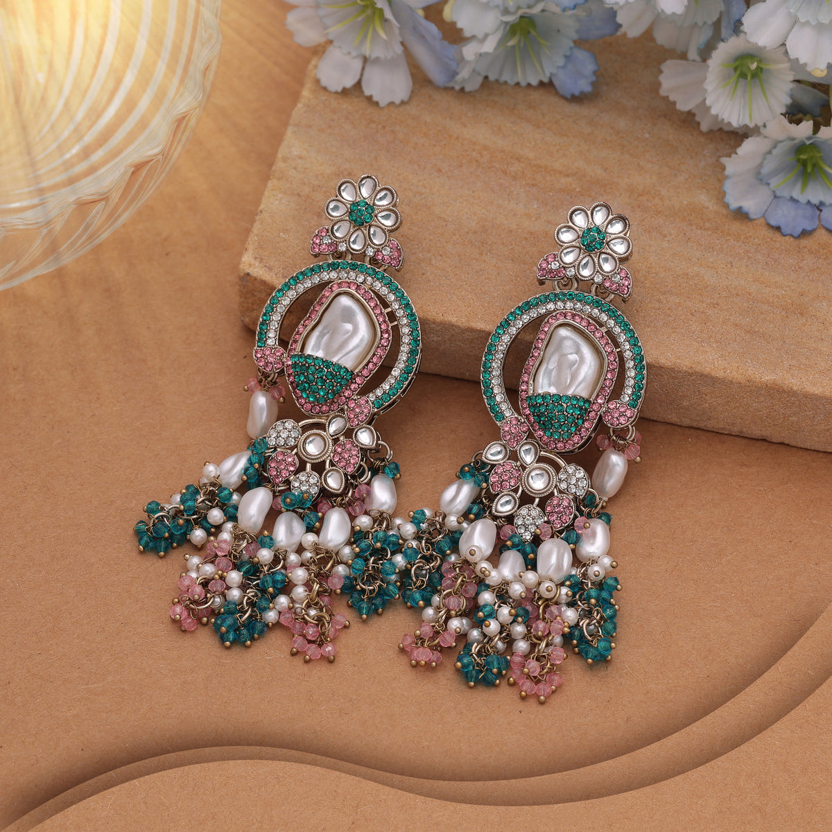 Festive Folk Multi Color Turkish Kundan Drop Earrings For Ethnic Functions
