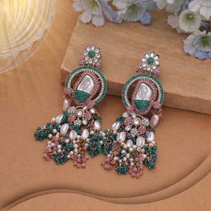 Festive Folk Multi Color Turkish Kundan Drop Earrings For Ethnic Functions