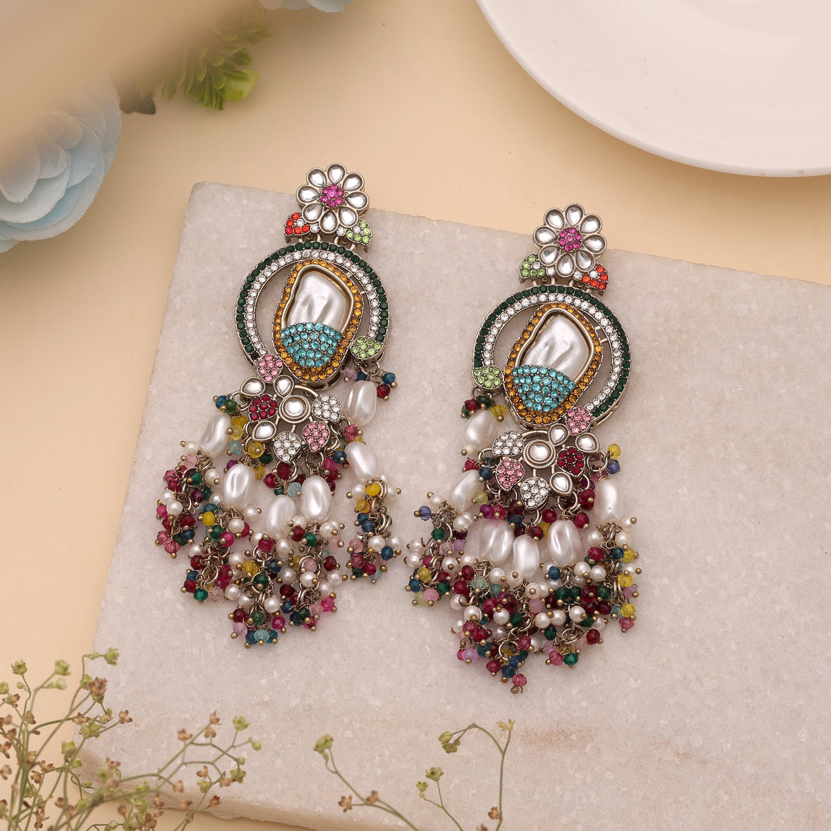 Eye Catching Multi Color Turkish Kundan Statement Earrings For Garba Events
