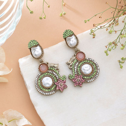 Yellow & Green Color Turkish Kundan Earrings With Stylish Traditional Design For Women