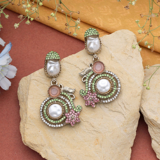 Lovely Light Pink & Light Green Color Turkish Kundan Drop Earrings