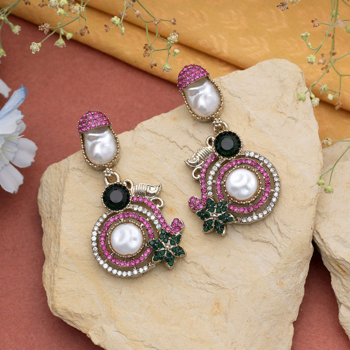 Light Pink & Light Green Color Turkish Kundan Earrings With Elegant Bridal Design For Women